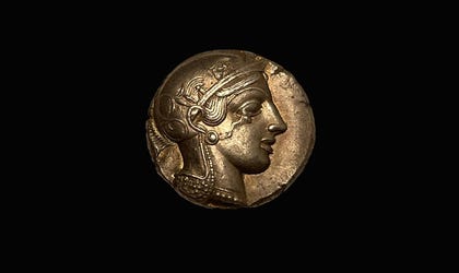 A lovely early silver tetradrachm from the Persian period, minted in Ascalon over 2,500 years ago,depicting the goddess Athena.