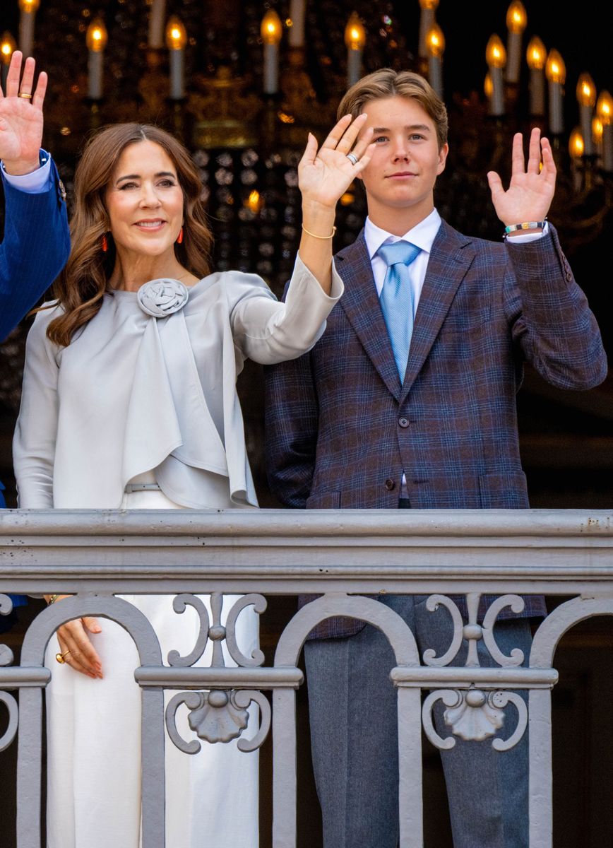Queen Mary adds a pop of seasonal color with coral-toned earrings during King Frederik X’s birthday festivities.