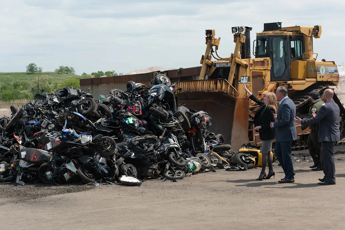 Cops use bulldozers to crush 200 seized motorbikes on Staten Island