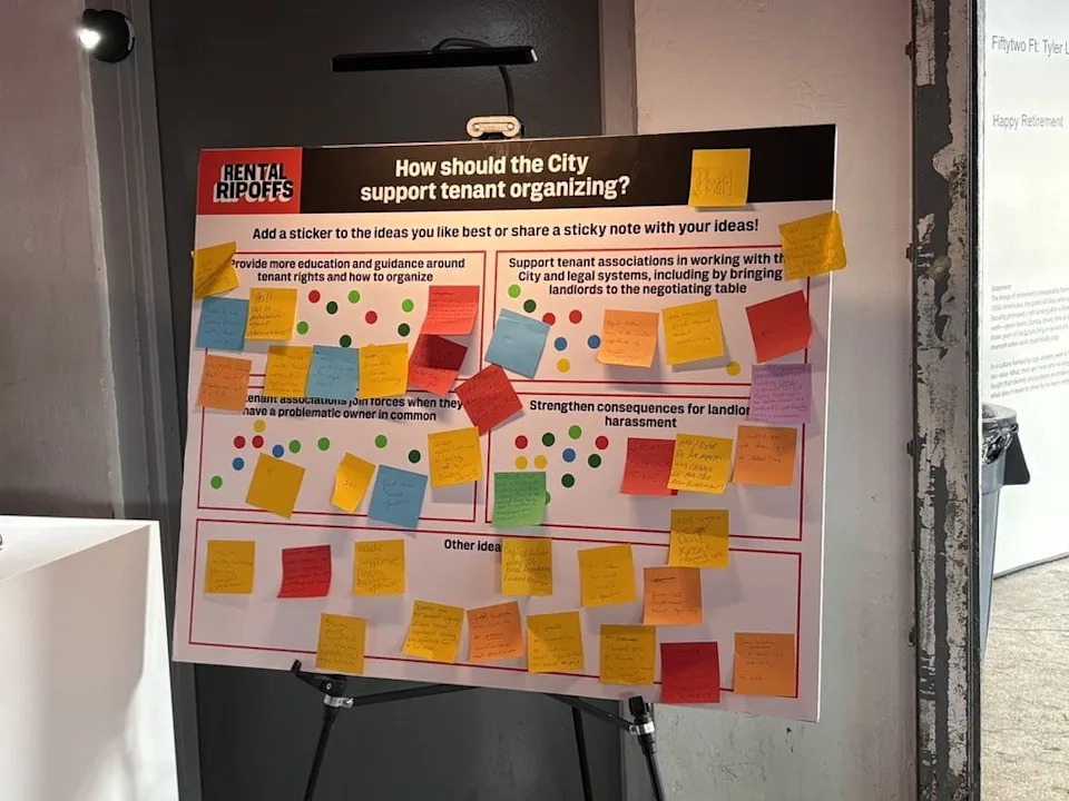 A rental ripoffs board at the 100-day address at the Knockdown Center in Queens