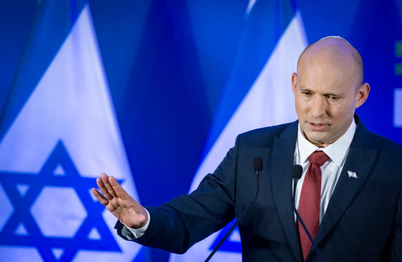 Opposition Leader and Head of the Yesh Atid party Yair Lapid and former Prime Minister Naftali Bennett speak during a press conference announcing a joint list named “Together” ahead of upcoming elections, to be led by Bennett, in Herzliya, central Israel, April 26, 2026.