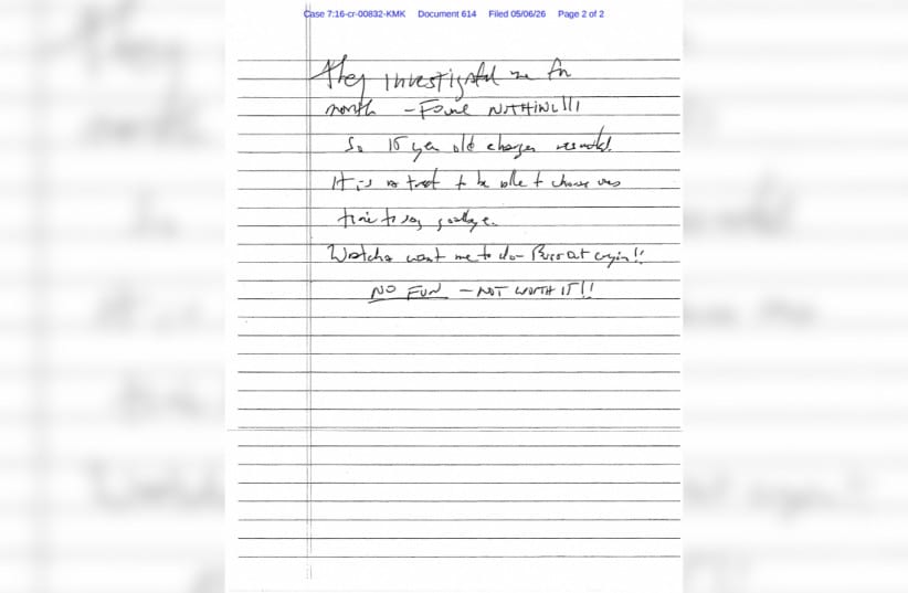 A suicide note purportedly written by the late Jeffrey Epstein, the accused sex trafficker who was found dead in his Manhattan jail cell in August 2019 in what was ruled a suicide, is seen after its release by US District Judge Kenneth Karas in New York City, US May 6, 2026.