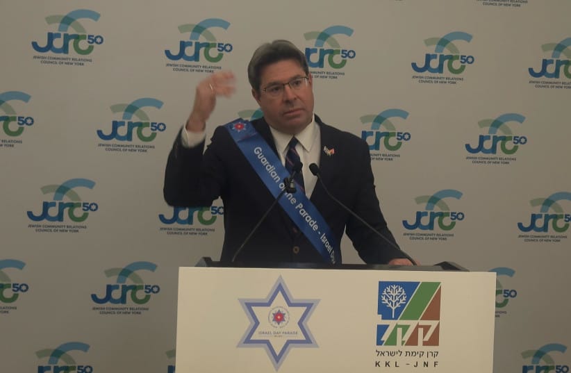 ISRAEL'S CONSUL-GENERAL in New York, Ofir Akunis, gives a speech before the Israel Day Parade in New York City, May 31, 2026.
