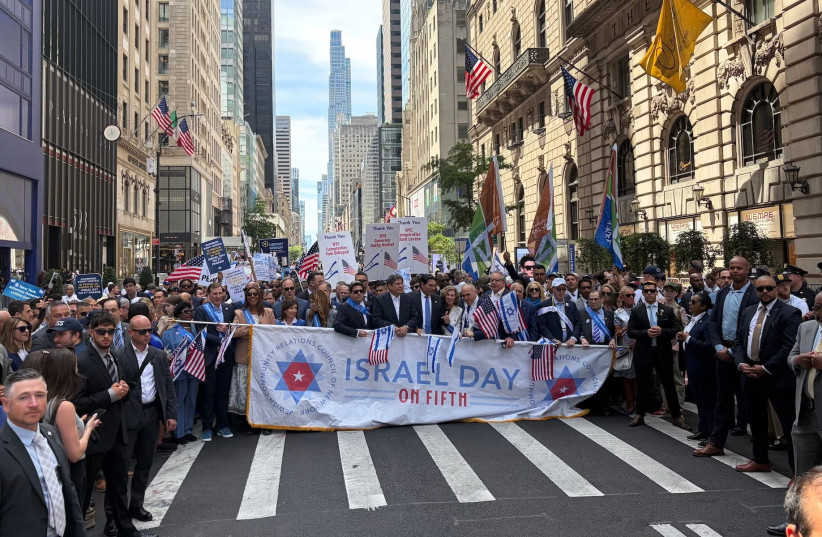 JCRC New York CEO Mark Treyger, UJA-Federation of New York CEO Eric Goldstein, City Council Speaker Julie Menin, Gov. Kathy Hochul and other New York politicians march in the annual Israel Day Parade on May 31, 2026.