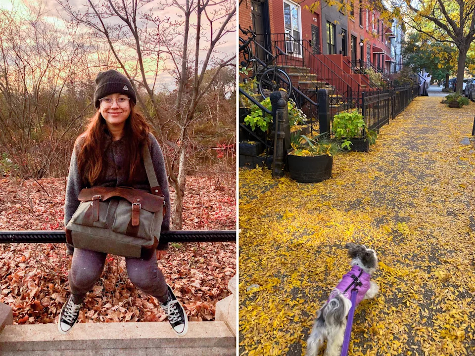 A composite image of the author sitting on a railing in a park at sunset with fall leaves on the ground behind her and a leashed, small dog running on a sidewalk covered in yellow leaves.