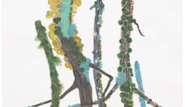 Katie Degroot, Family Matters, 2025. Watercolor and opaque watercolor on paper, 60 × 40 inches. Courtesy the artist and Kathryn Markel Fine Arts.