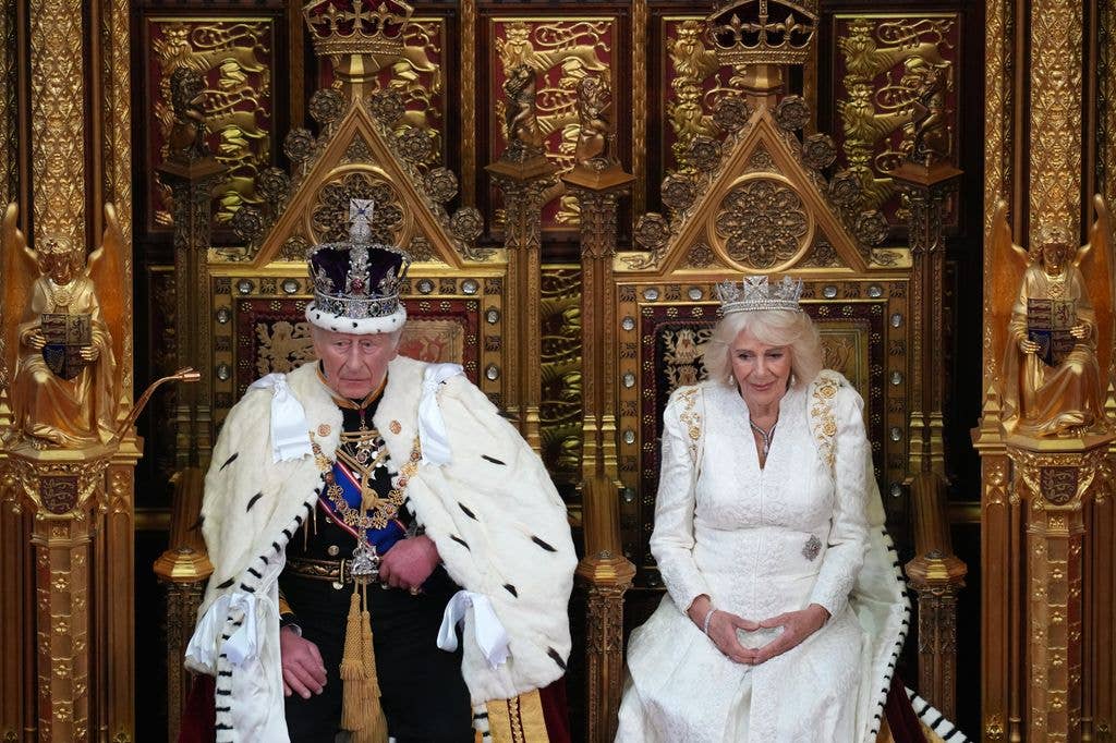 Queen Camilla and king charles on thrones