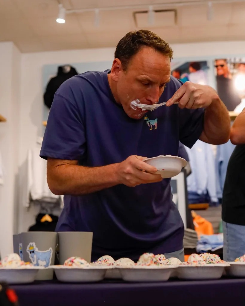 The champ toured Nassau and Suffolk, downing 26 soft-serve bowls after his bagel feast. GOAT USA