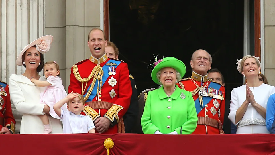 Queen Elizabeth II joins members of the royal family, including the Duke and Duchess of Cambridge with their children Princess Charlotte and Prince George, on the balcony of Buckingham Palace, central London after they attended the Trooping the Colour ceremony as the Queen celebrates her official birthday today.