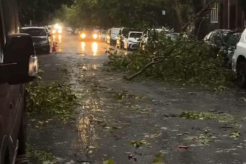 Broken tree branches littered a street in Brooklyn, New York, on Wednesday, May 20, as a severe thunderstorm rolled through the area. Igor Rudenko via Storyful