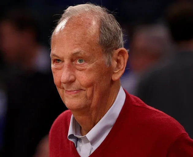 Bill Bradley is pictured attending the game between the New York Knicks and the Boston Celtics at Madison Square Garden in October 2023.