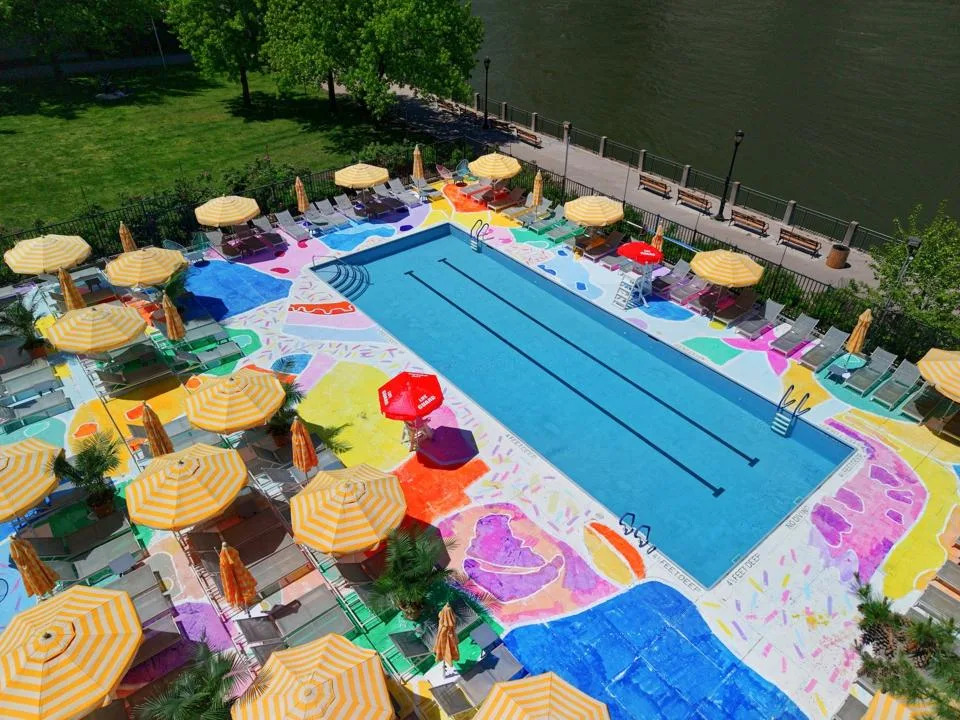 An overhead view of the new pool deck at Manhattan Park Pool Club for summer 2026
