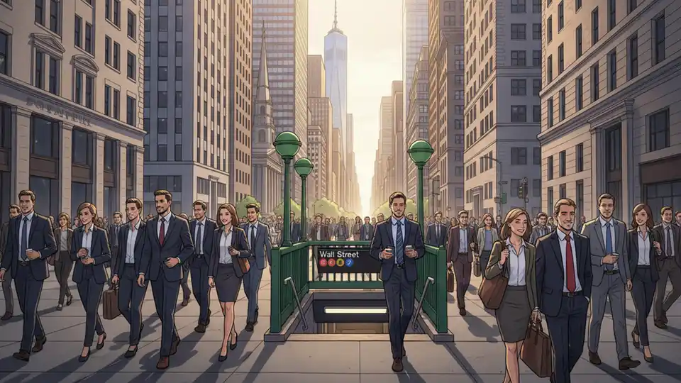 Wide-angle view of Lower Manhattan streetscape during morning commute showing diverse professionals walking near subway entrance with modern office towers and historic buildings in background, natural daylight, urban editorial style