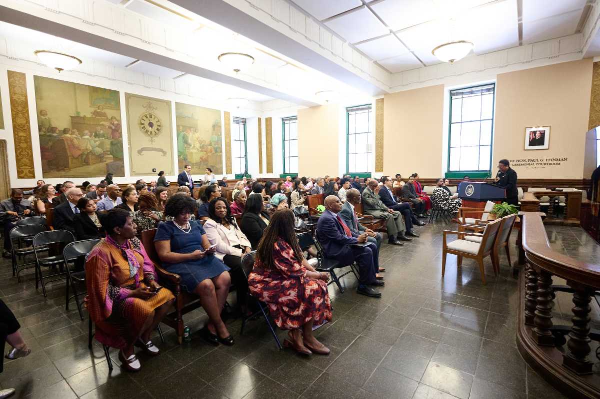 Guests gathered in the Ceremonial Courtroom at 60 Centre St. for the program, which brought together legal professionals, scholars and members of the public for a conversation on Haiti’s historic and contemporary impact.