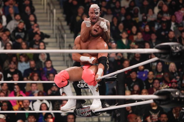 Darby Allin and MJF fight in the ring under the roof of Louis Armstrong Stadium in Flushing NY on May 24, 2026 during a live televised broadcast of AEW Pay Per View Double or Nothing. (Photo by Andrew Schwartz)