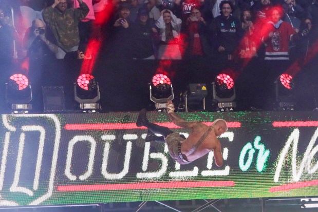 Darby Allin jumps from the top of the Double or Nothing sign inside Louis Armstrong Stadium in Flushing NY on May 24, 2026 during a live televised broadcast of AEW Pay Per View Double or Nothing. (Photo by Andrew Schwartz)