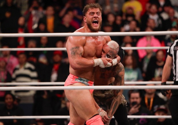 Darby Allin and MJF fight in the ring under the roof of Louis Armstrong Stadium in Flushing NY on May 24, 2026 during a live televised broadcast of AEW Pay Per View Double or Nothing. (Photo by Andrew Schwartz)