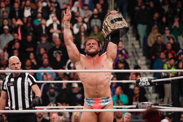 MJF celebrates winning the AEW World Championship in the ring under the roof of Louis Armstrong Stadium in Flushing NY on May 24, 2026 during a live televised broadcast of AEW Pay Per View Double or Nothing. (Photo by Andrew Schwartz)