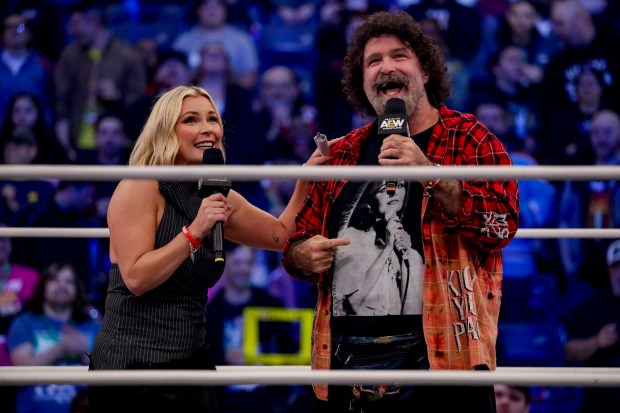 Renee Paquette welcomes the hardcore legend, Mick Foley, to AEW under the roof of Louis Armstrong Stadium in Flushing NY on May 24, 2026 during a live televised broadcast of AEW Pay Per View Double or Nothing. (Photo by Andrew Schwartz)