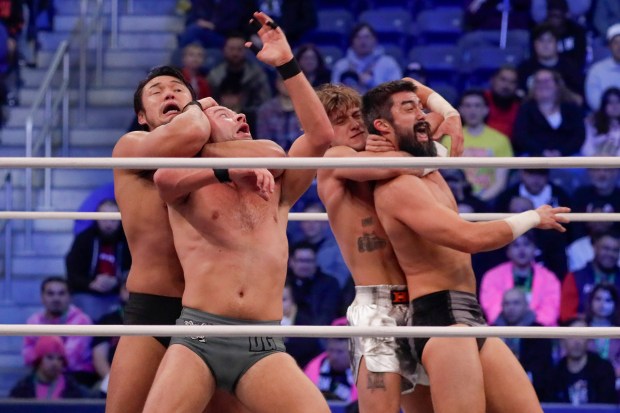Wrestlers from AEW (All Elite Wrestling) fight each other in the ring and under the roof of Louis Armstrong Stadium in Flushing NY on May 24, 2026 during a live televised broadcast of AEW Pay Per View Double or Nothing. (Photo by Andrew Schwartz)