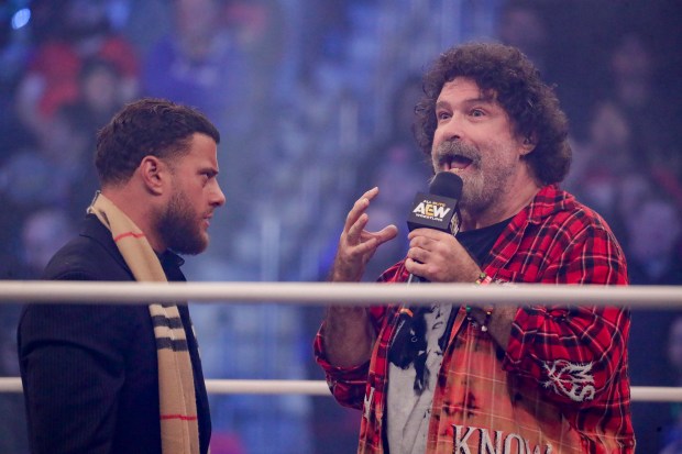 Maxwell Jacob Friedman confronts the hardcore legend, Mick Foley, to AEW under the roof of Louis Armstrong Stadium in Flushing NY on May 24, 2026 during a live televised broadcast of AEW Pay Per View Double or Nothing. (Photo by Andrew Schwartz)