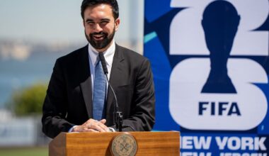 Mayor Zohran Mamdani speaks during a FIFA World Cup announcement at Staten Island University Hospital Park Minor League Baseball Stadium on April 27, 2026.