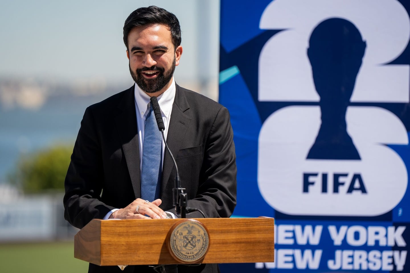 Mayor Zohran Mamdani speaks during a FIFA World Cup announcement at Staten Island University Hospital Park Minor League Baseball Stadium on April 27, 2026.