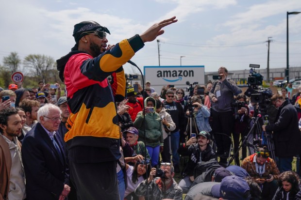 FILE - Chris Smalls, president of the Amazon Labor Union, speaks at a rally outside an Amazon warehouse on Staten Island in New York, April 24, 2022. (AP Photo/Seth Wenig, File)
