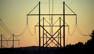 Central Maine Power transmission lines stretch above the treetops in Pownal in 2021