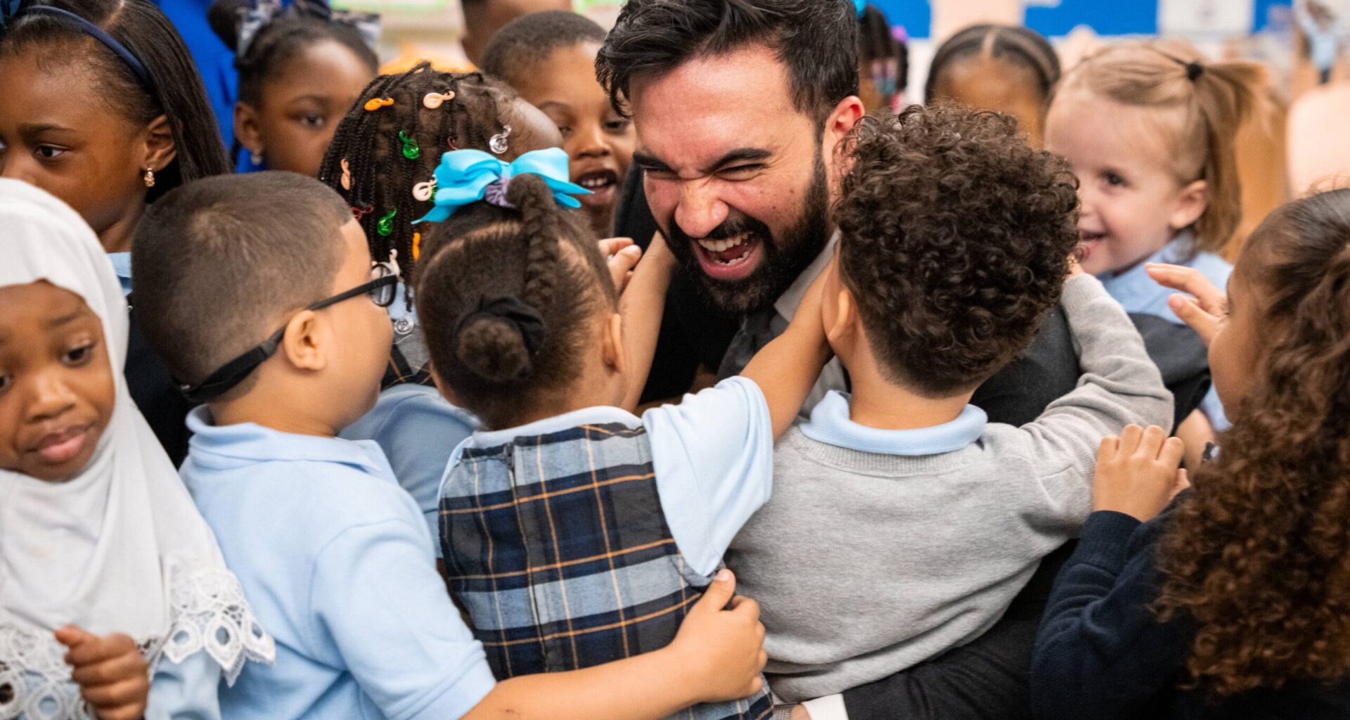 Preschoolers swarm Mayor Zohran Mamdani during a visit with Former President Barack Obama to Learning Through Play Pre-K in the Bronx in New York, Saturday, April 18, 2026. Photo: Angelina Katsanis/AP