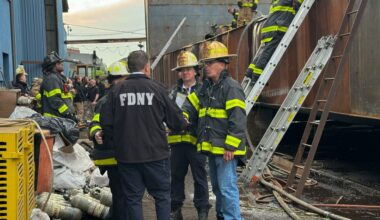 Firefighters respond to an explosion at a shipyard in Staten Island on Friday, May 22, 2026 in New York. (Staten Island Advance via AP)