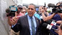 Rep. Adriano Espaillat, D-N.Y., speaks to reporters outside the Delaney Hall detention center, Wednesday, May 27, 2026, in Newark, N.J.
