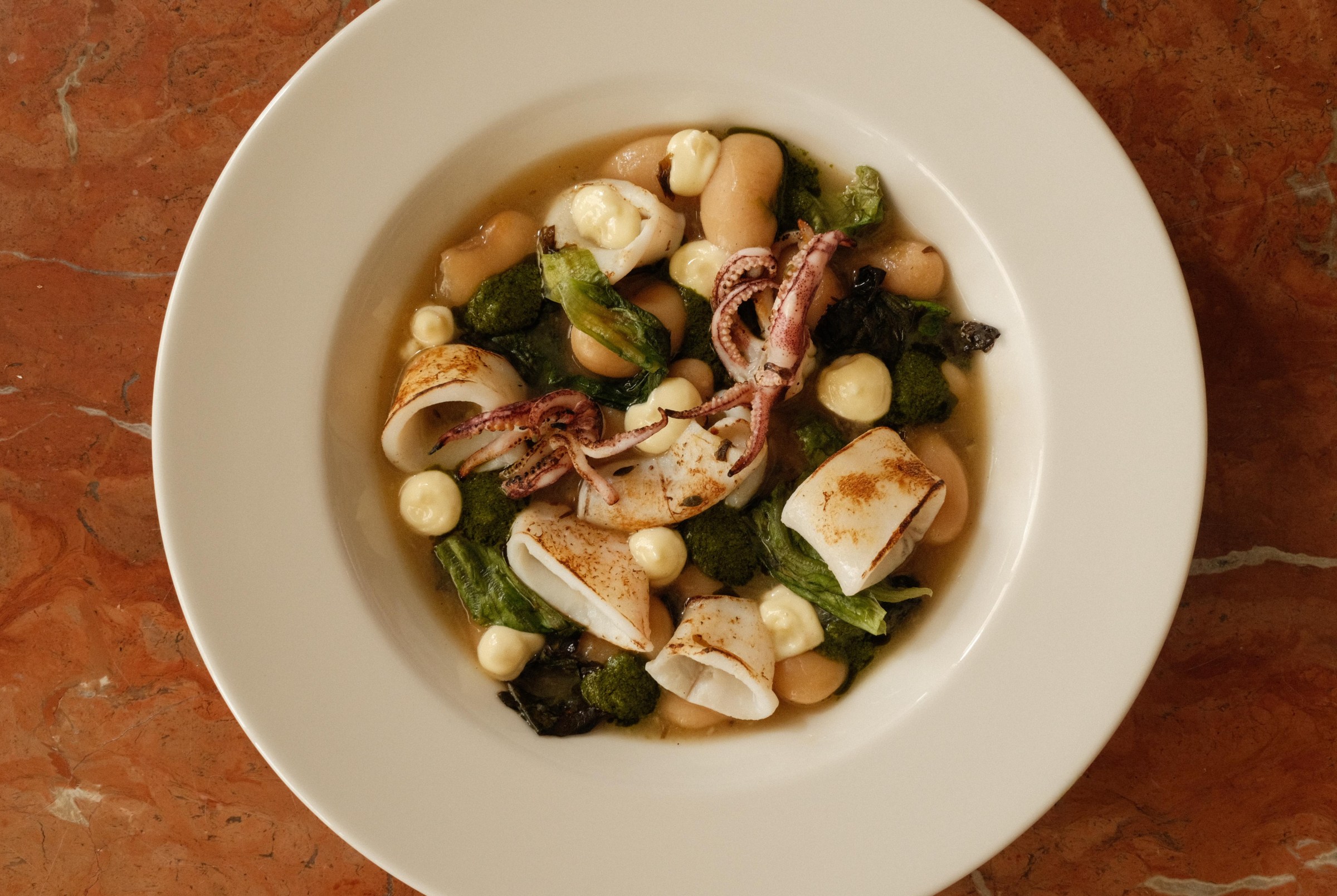 A shallow bowl of squid, broth, greens, and beans.