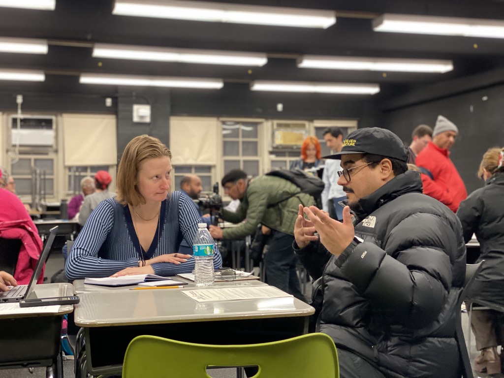 Joshua Rodrigues shares his story with Cea Weaver during the first “Rental Ripoff Hearing,” Downtown Brooklyn, February 26, 2026.