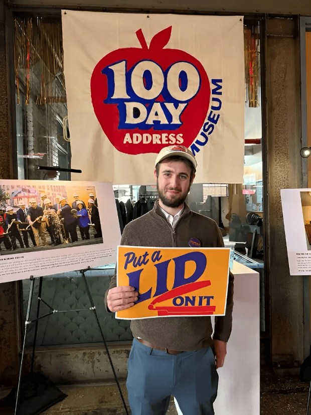 Christian Howles, the parliamentarian for the Staten Island Young Democrats, attends the 100-Day Mamdani event on April 12 2026. (Photos by Sonia Hug and Paul Maniaci)