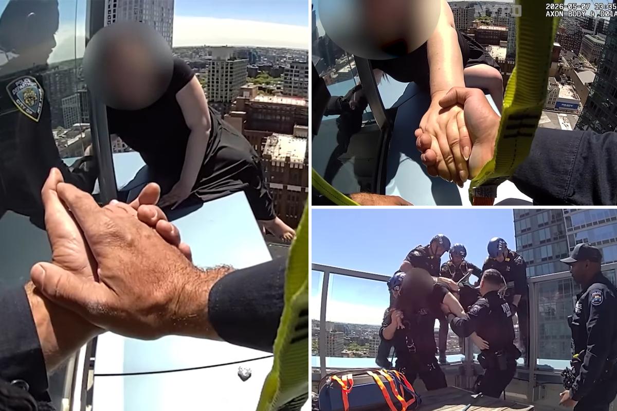Nail-biting footage shows NYPD officers' rescue sobbing woman dangling off ledge of skyscraper