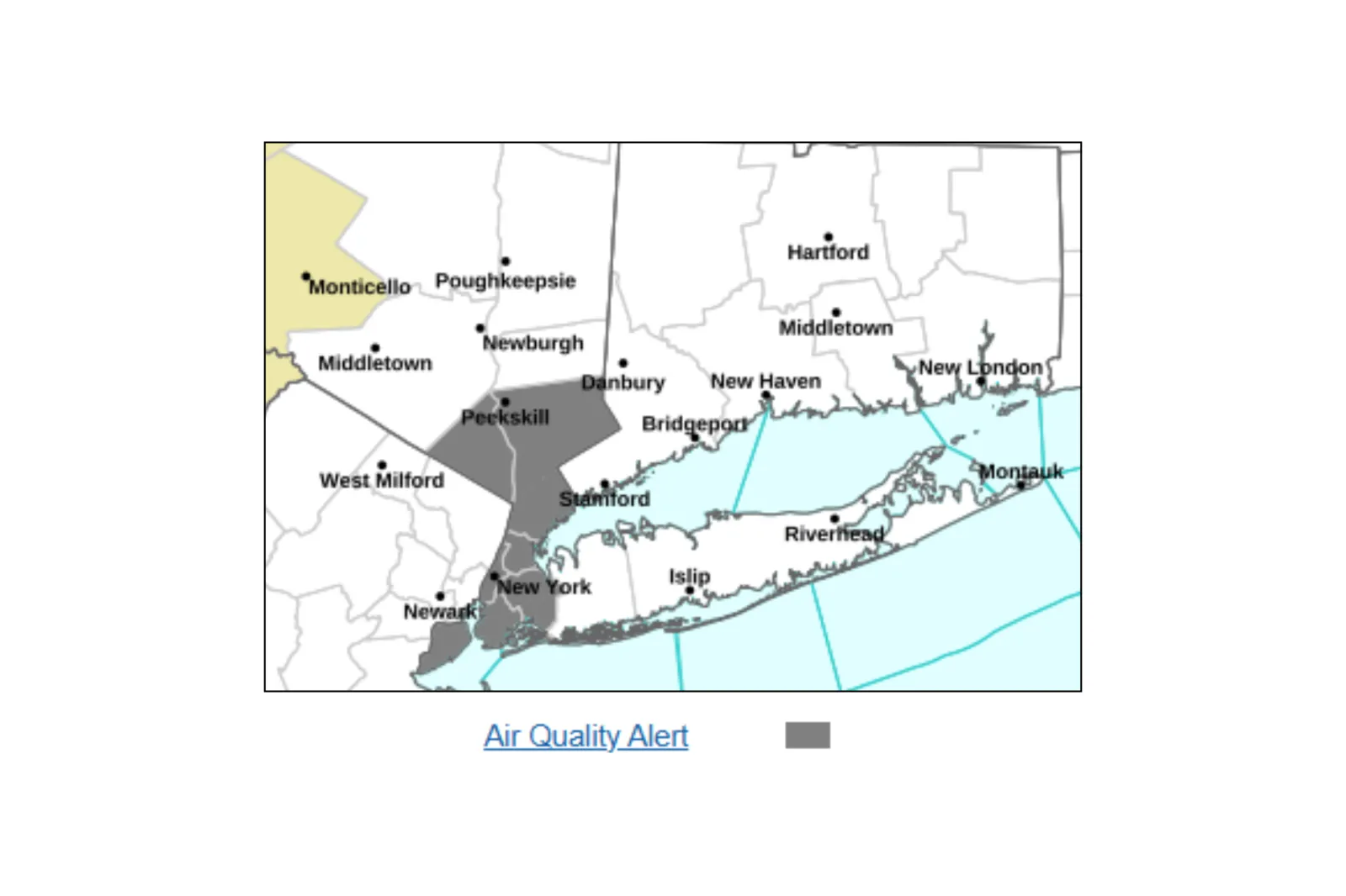 Map showing areas in and around New York affected by poor air quality on Monday, May 18, 2026 | NWS
