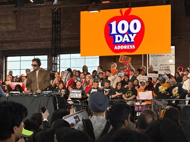 DJ Oscar Nunes performs during a rally marking the first 100 days in office for Mayor Zohran Mamdani at the Knockdown Center in Maspeth, Queens, on Sunday, April 12, 2026. (Photos by Sonia Hug and Paul Maniaci)