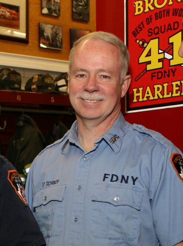 FDNY Lt. Michael "Mickey" Conboy of Squad 41, is pictured after he and his company rescued children from a three-alarm fire on 116th St. in Harlem on Sunday, Feb. 11, 2007. (Enid Alvarez / New York Daily News)