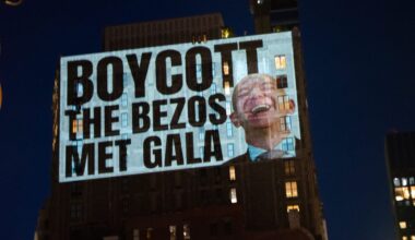 Met Gala Boycott Message Projected on Bezos’s Manhattan Penthouse