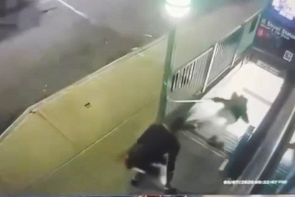Surveillance video obtained by the Post shows Rhamell Burke allegedly pushing Ross Falzone down the subway stairs.