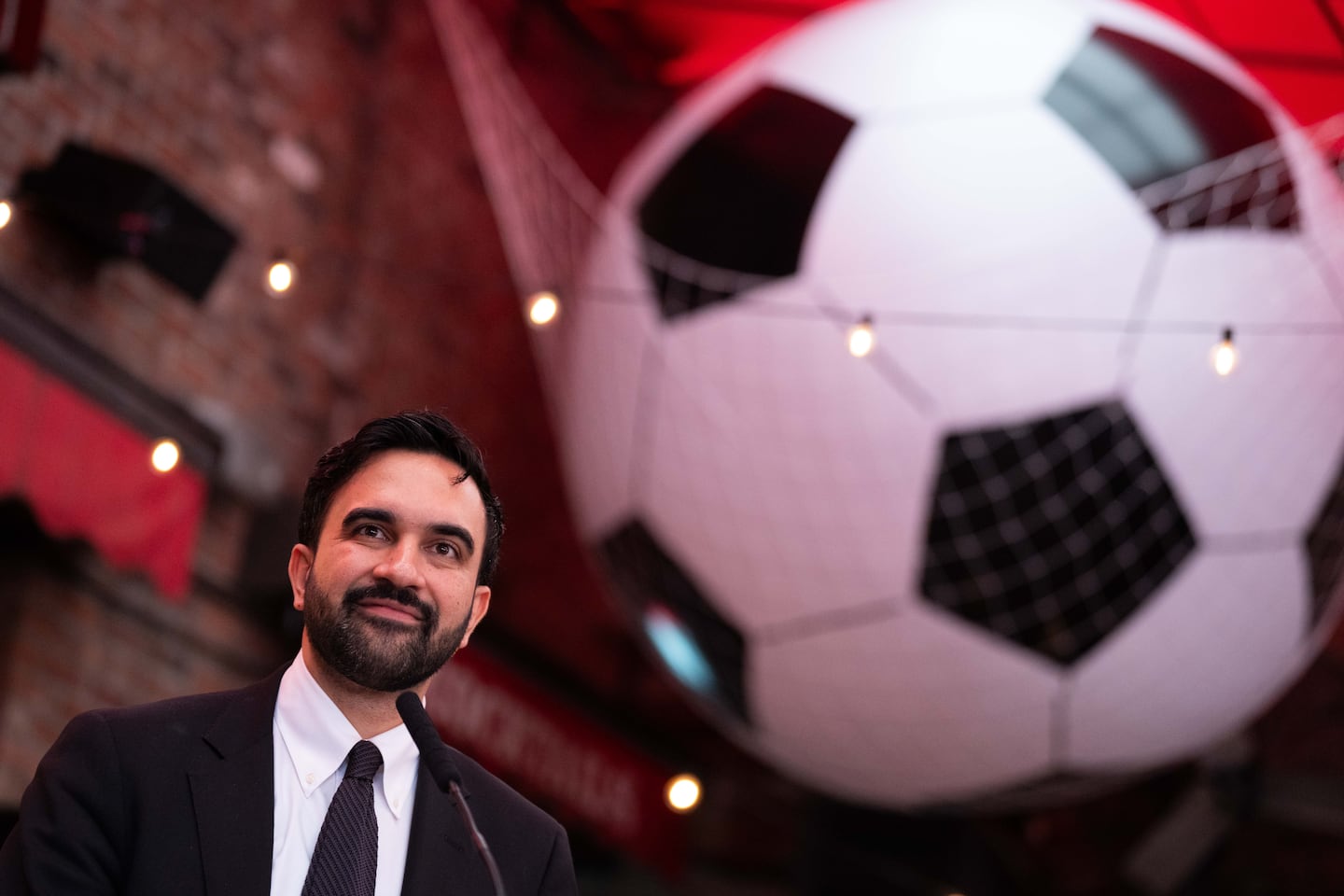 New York Mayor Zohran Mamdani made a World Cup soccer announcement at Harlem Tavern, Thursday, May 21, 2026 in New York.