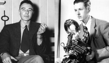 Two black-and-white portraits: on the left, a man in a suit sits holding a cigarette; on the right, another man in a suit holds a vintage camera with a large flash attachment.