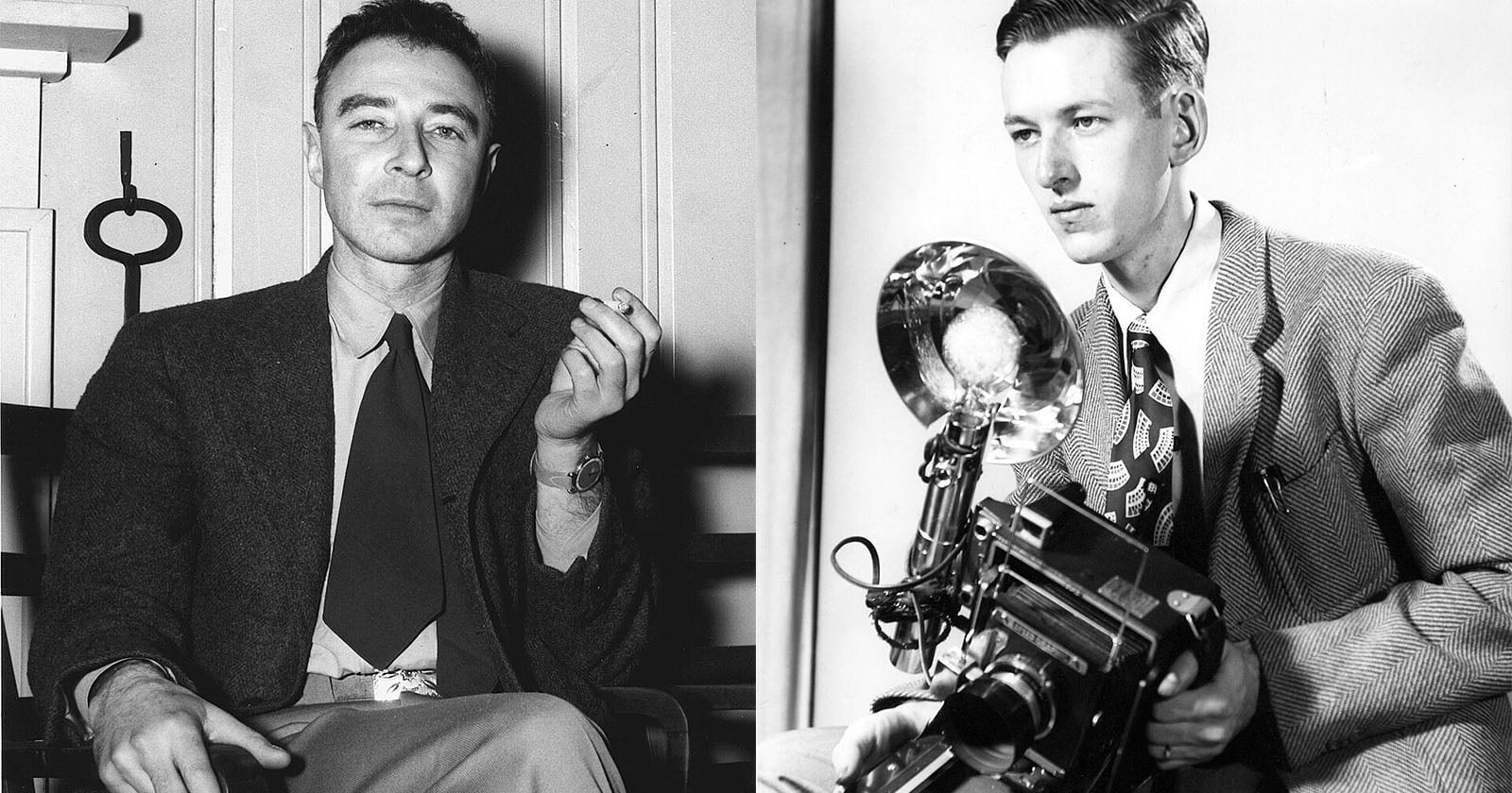 Two black-and-white portraits: on the left, a man in a suit sits holding a cigarette; on the right, another man in a suit holds a vintage camera with a large flash attachment.