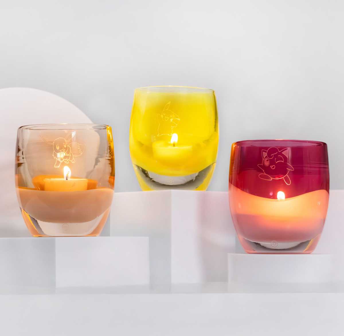 The glassybaby Pokémon collection, featuring Eevee, Pikachu, and Jigglypuff.