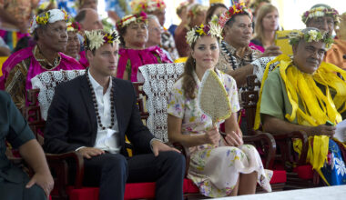 Prince William, Duke of Cambridge and Catherine, Duchess of Cambridge are given gifts as they bid farewell on September 19, 2012 in Tuvalu. Prince William, Duke of Cambridge and Catherine, Duchess of Cambridge are on a Diamond Jubilee tour representing the Queen taking in Singapore, Malaysia, the Solomon Islands and Tuvalu.