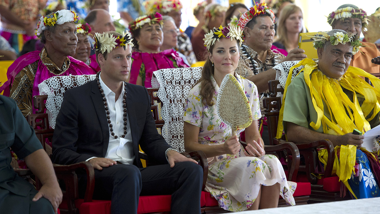 Prince William, Duke of Cambridge and Catherine, Duchess of Cambridge are given gifts as they bid farewell on September 19, 2012 in Tuvalu. Prince William, Duke of Cambridge and Catherine, Duchess of Cambridge are on a Diamond Jubilee tour representing the Queen taking in Singapore, Malaysia, the Solomon Islands and Tuvalu.