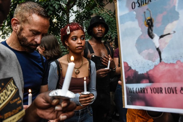 People participate in a memorial vigil for O'Shae Sibley on Aug. 5, 2023 in New York City. (Photo by Stephanie Keith/Getty Images)