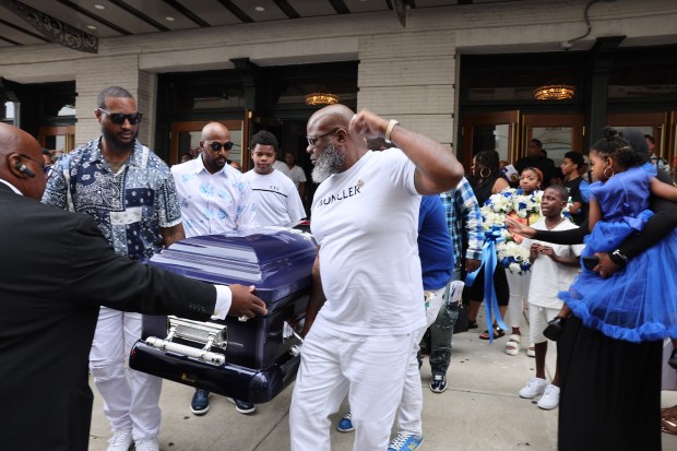 Jake Kelly carries the casket of his son, O'Shae Sibley, following funeral services and a celebration of life at the Met Philadelphia on Aug. 8, 2023 in Philadelphia. (Photo by Spencer Platt/Getty Images)