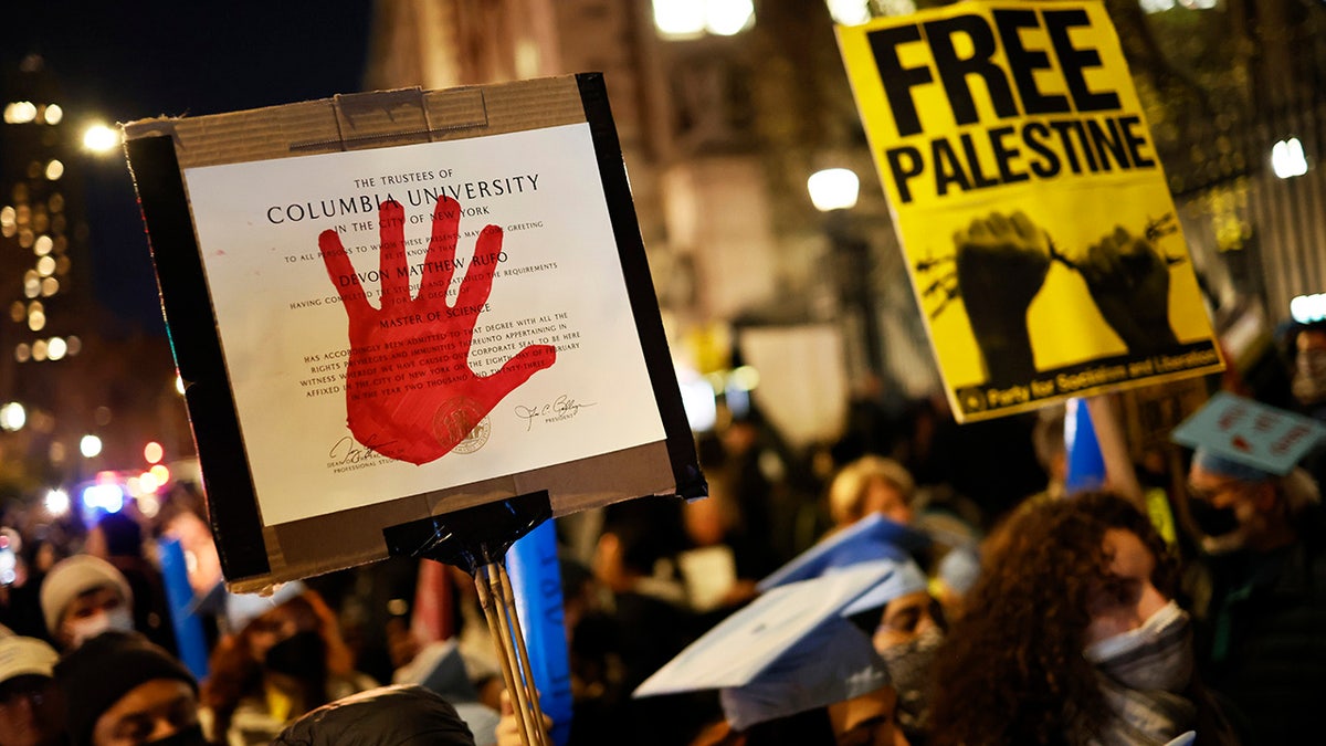 People marching in a protest at Columbia University in New York City